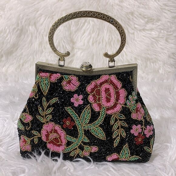 BEADED Bag Pink/Red Floral Purse Push top rhinestone closure goldtone handle - Picture 13 of 13